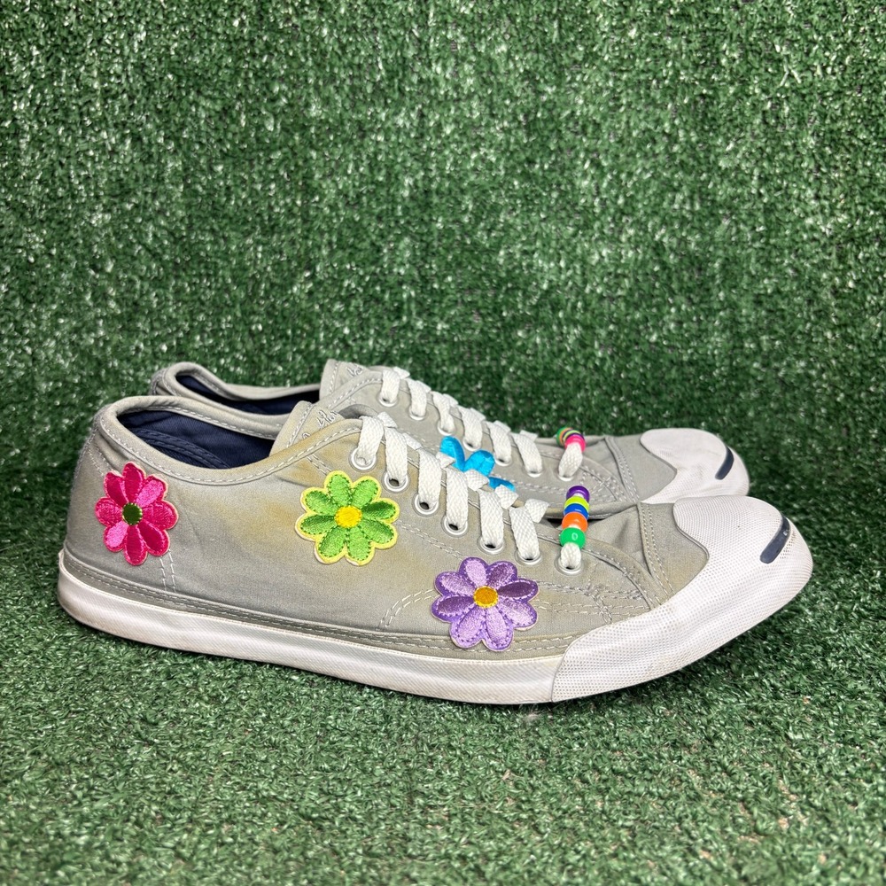 Converse Jack Purcell Floral Embroidered Beaded Hippie Sneakers Grey Womens 10.5